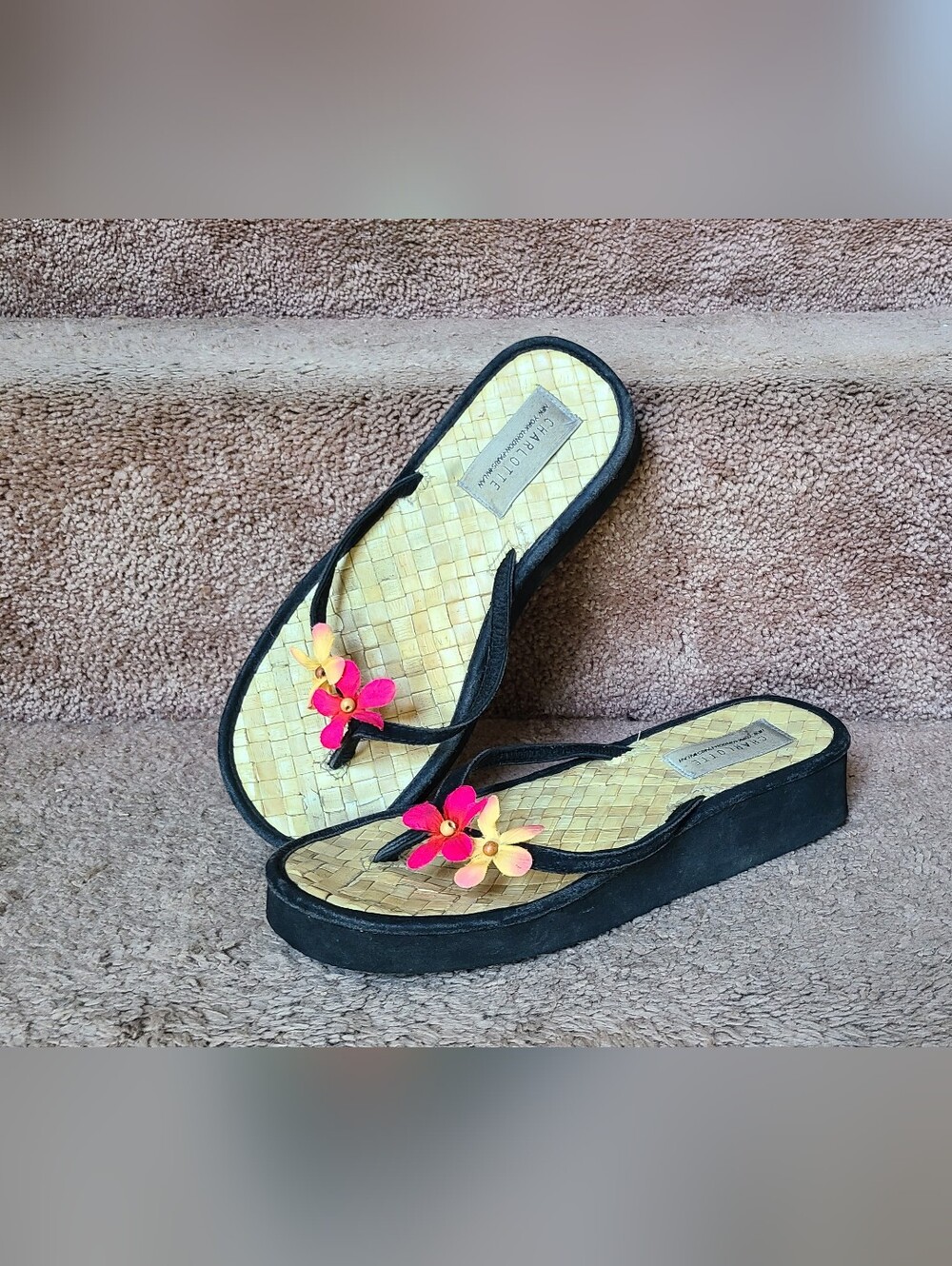 Black Wedge Flip-Flops with Pink & Yellow Flower Accent 7.5 Womens